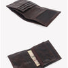 A dark brown genuine leather bifold wallet folded and displayed on a white background.