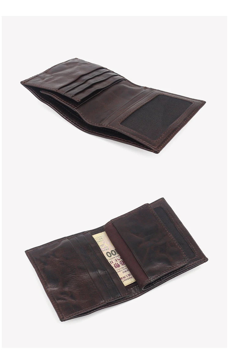 A dark brown genuine leather bifold wallet folded and displayed on a white background.