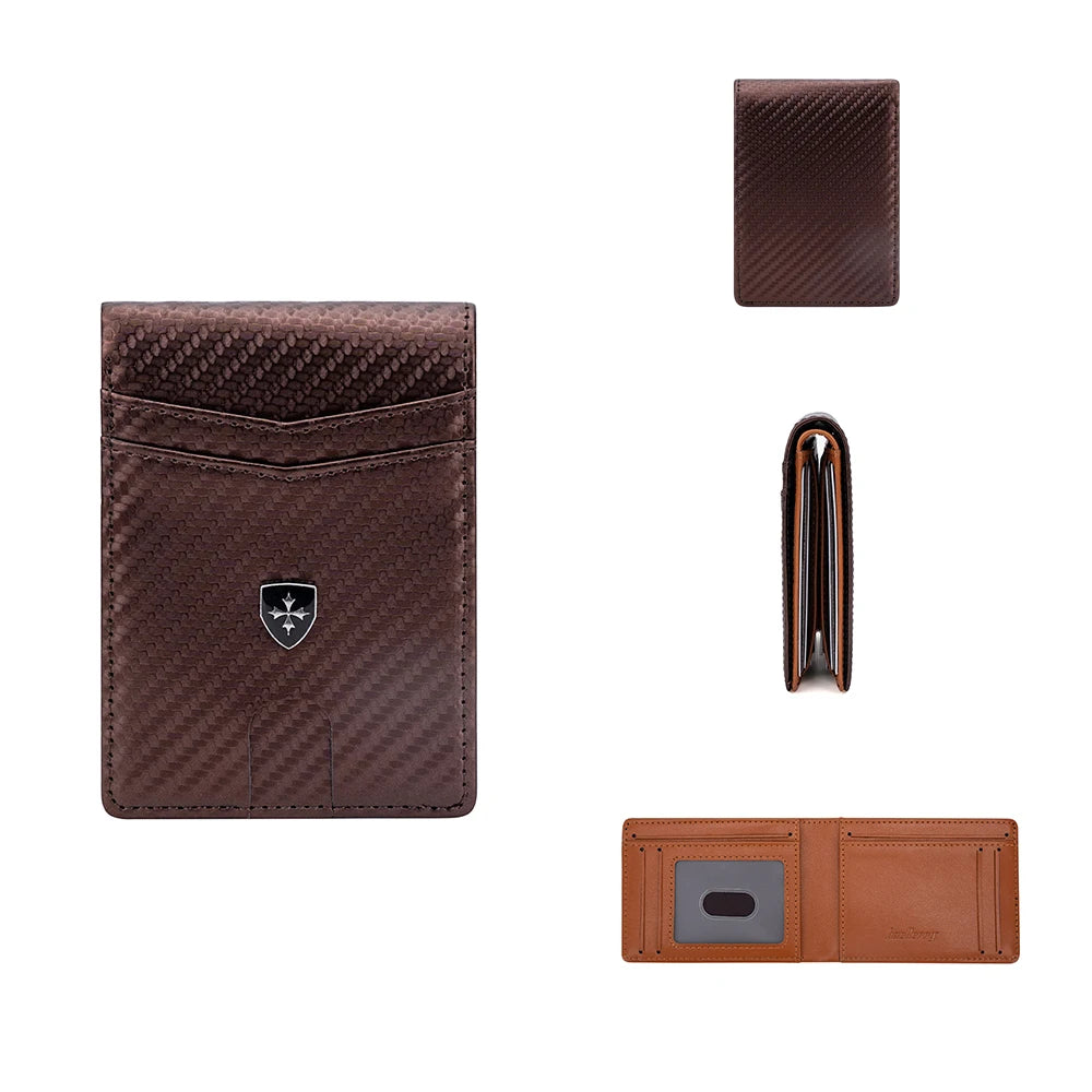 A set of brown genuine leather wallets including a cardholder and a slim wallet.
