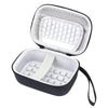 A black durable EVA hard shell camera case with a clear plastic lid showing a white foam insert.