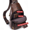 A brown genuine leather men's crossbody messenger bag with a zipper bag and magnetic buckle features.