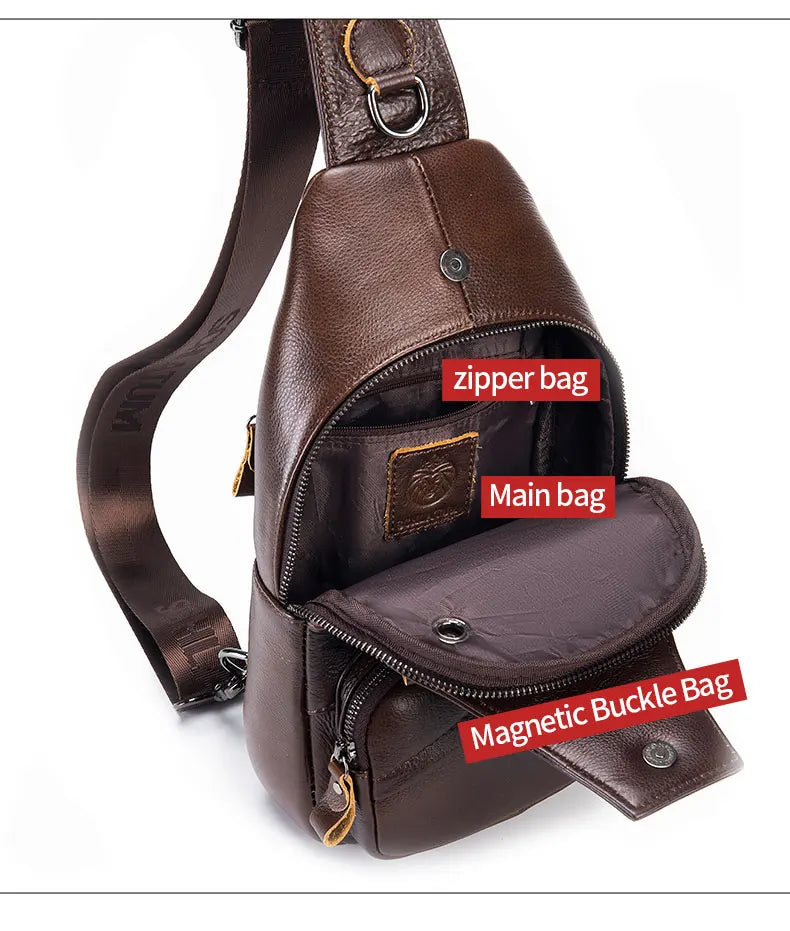A brown genuine leather men's crossbody messenger bag with a zipper bag and magnetic buckle features.