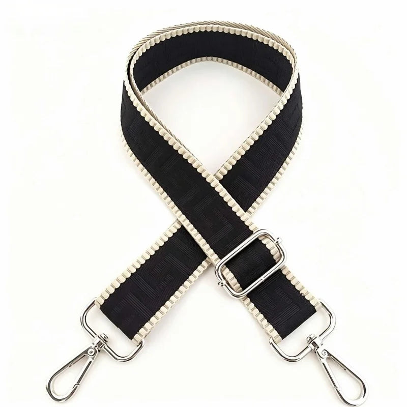 Black nylon adjustable shoulder strap with silver hardware