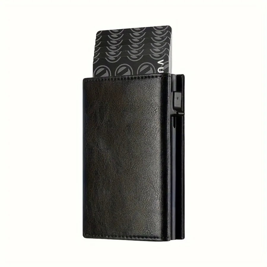 Schwarzes minimalistisches Pop-up-Kreditkarten-Wallet mit sichtbarer Musterkarte.