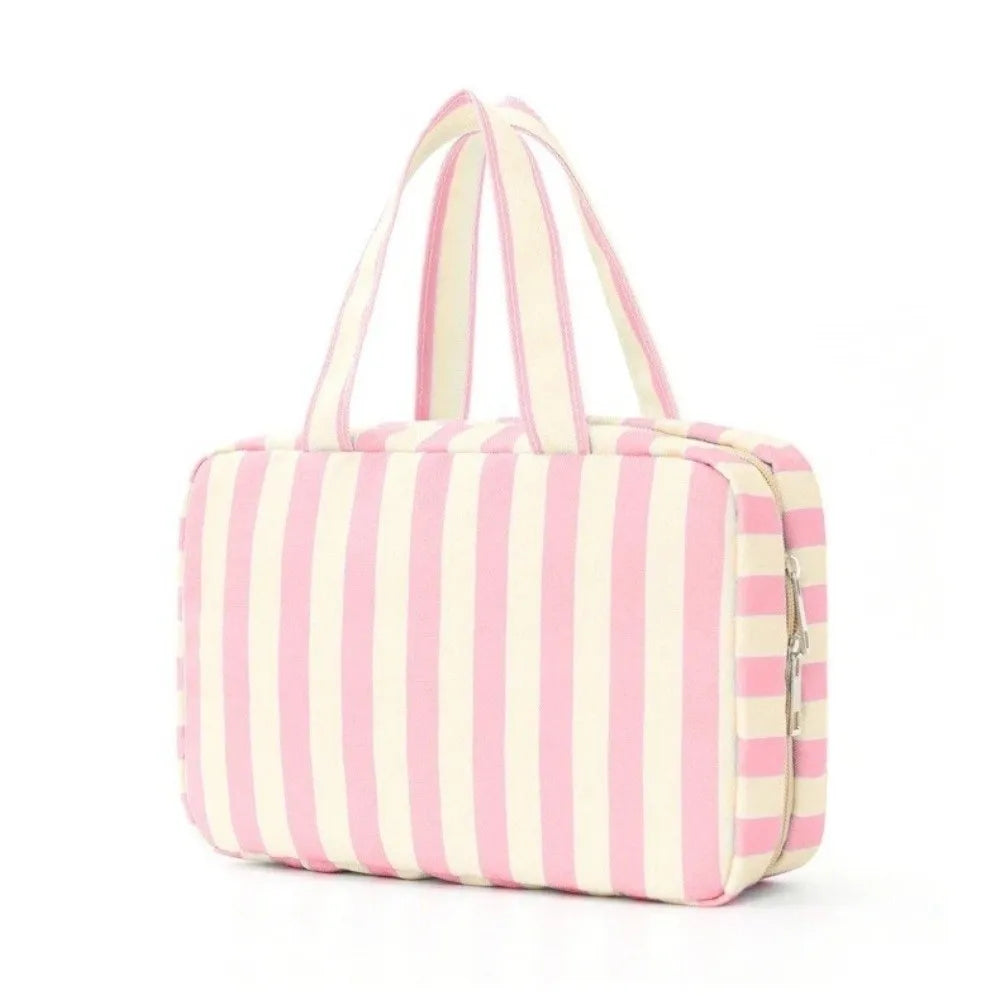 Bolsa de tocador colgante de 4 pliegues a rayas rosa y crema.