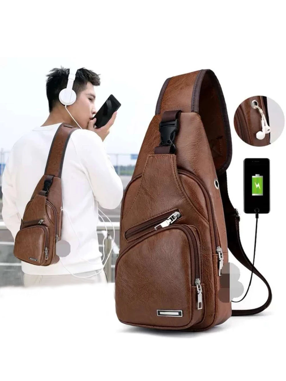 A brown men's casual crossbody chest bag with a USB charging port is shown being worn by a man.