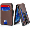 A brown minimalist wallet is shown open, displaying credit cards and cash inside.