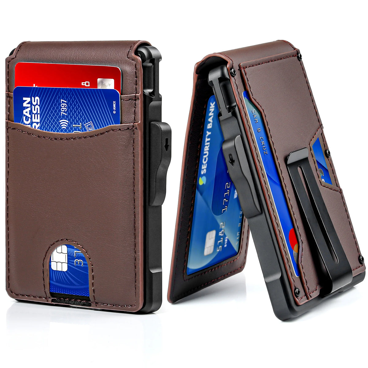 A brown minimalist wallet is shown open, displaying credit cards and cash inside.