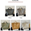 A collection of five transparent waterproof PVC tote bags in black, gray, green, brown, and beige.