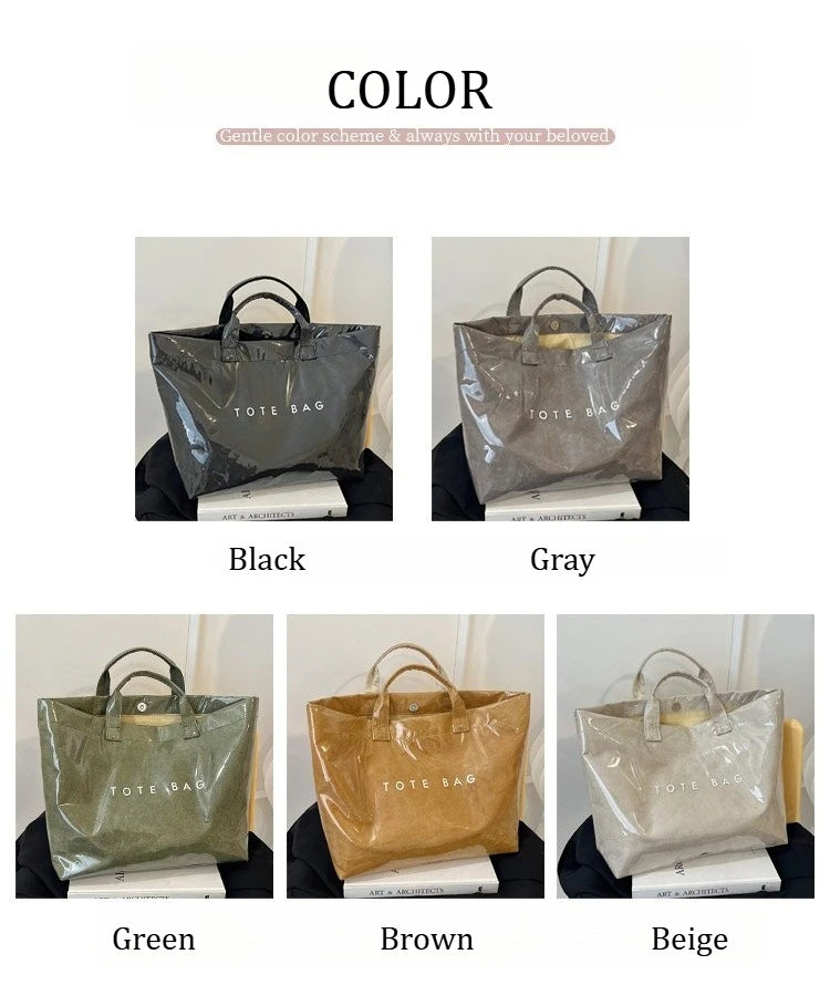 A collection of five transparent waterproof PVC tote bags in black, gray, green, brown, and beige.