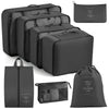 A set of multi-size mesh packing cubes and a drawstring bag in gray for travel organization.