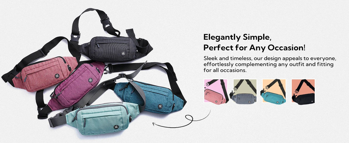 A collection of dark and pastel nylon waist packs displayed with straps, showing various colors and angles.