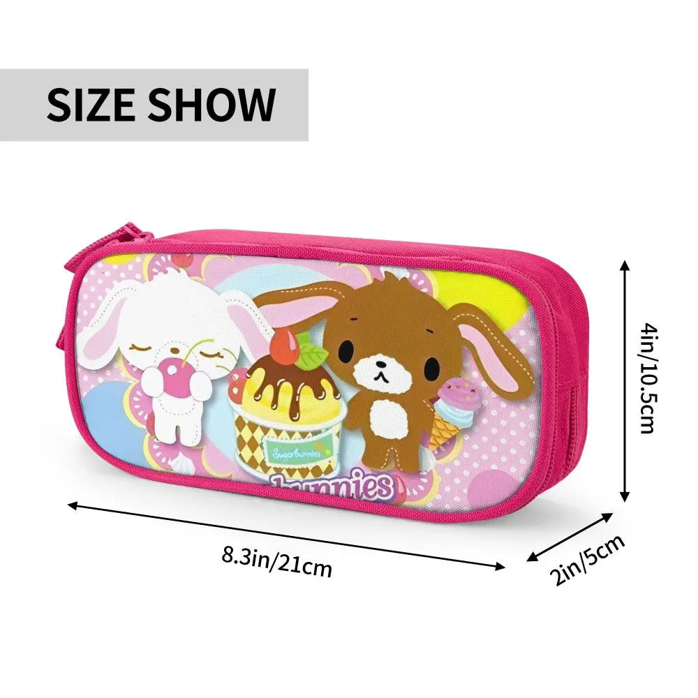 Pink pouch featuring a cute brown rabbit character and cupcake design for a pencil case set