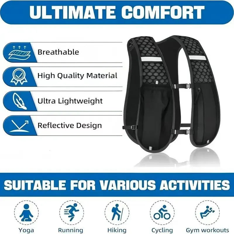 Black adjustable hydration running vest designed for comfort and various fitness activities