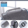 Close-up view of a gray reusable insulated lunch bag showing various features like the handle, shoulder strap, and buckle det