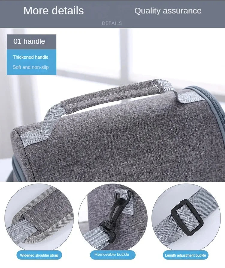 Close-up view of a gray reusable insulated lunch bag showing various features like the handle, shoulder strap, and buckle det