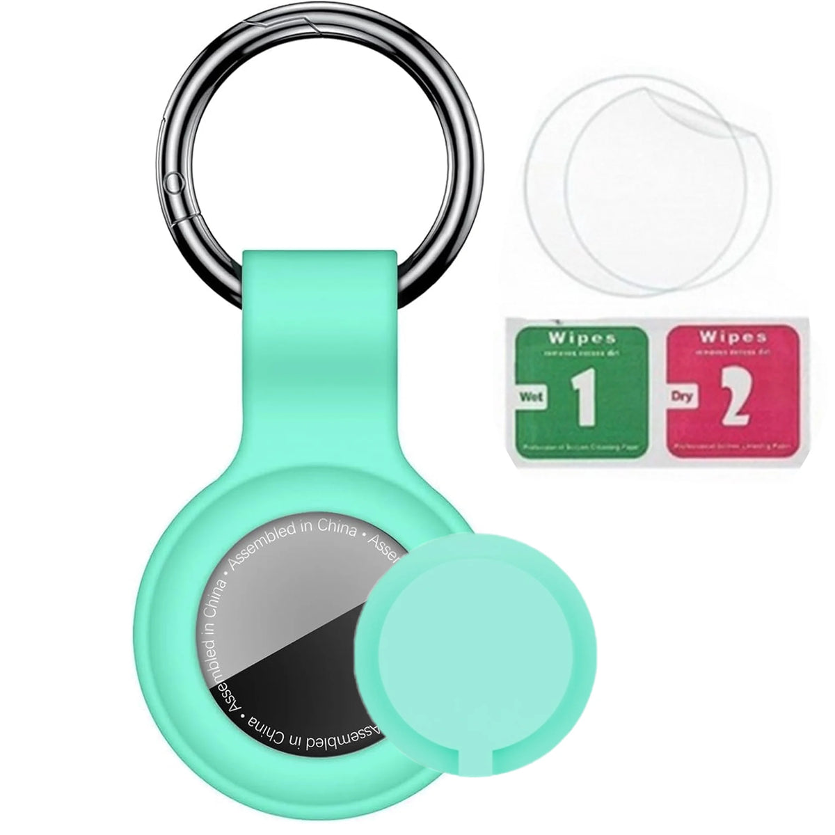 A light green MagSafe card wallet with a built-in pocket for an AirTag, shown with a keyring and separate wipes.