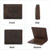A brown leather wallet featuring a compass design on the front, side, back, and bottom views.