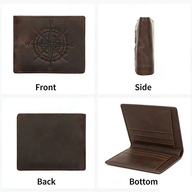 A brown leather wallet featuring a compass design on the front, side, back, and bottom views.