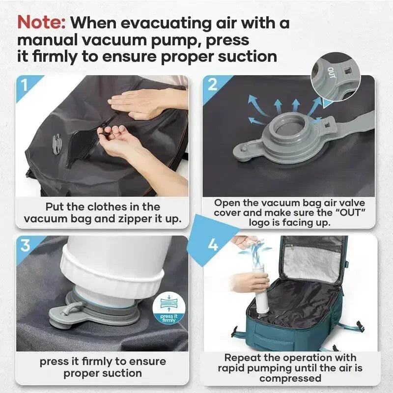 Instructions for using an expandable vacuum compression travel backpack to evacuate air with a manual vacuum pump.