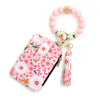 Pink floral silicone bead PU leather key chain wallet with tassel charm