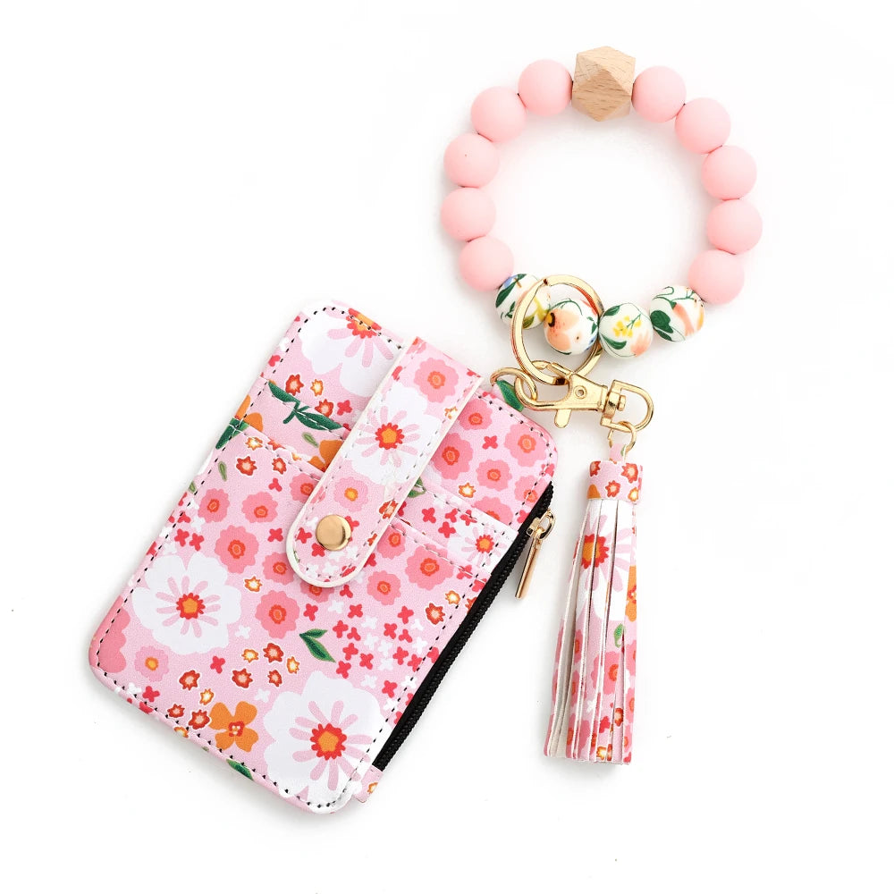 Pink floral silicone bead PU leather key chain wallet with tassel charm