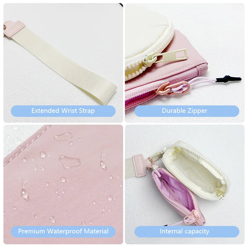 A collection of features for a mini nylon zip wristlet coin purse including an extended wrist strap, durable zipper, premium 
