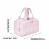 Bolsa impermeable de tocador rosa claro con múltiples bolsillos y cierre de cordón y correas para llevar