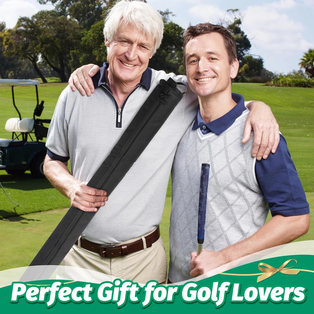 Two men smiling while holding an insulated golf bag beer cooler sleeve for seven cans