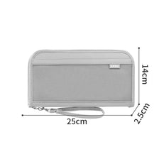 A light gray premium travel organizer wallet with a zippered closure and strap, measuring 25cm long and 14cm high.