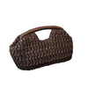 Pochette à clochette en fibre tissée brun foncé avec une sangle en cuir.