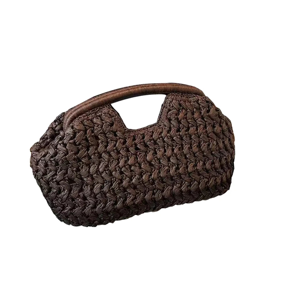 Pochette à clochette en fibre tissée brun foncé avec une sangle en cuir.