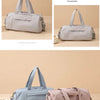 A light blue Oxford gym duffel bag with a multi-compartment design shown in various angles.