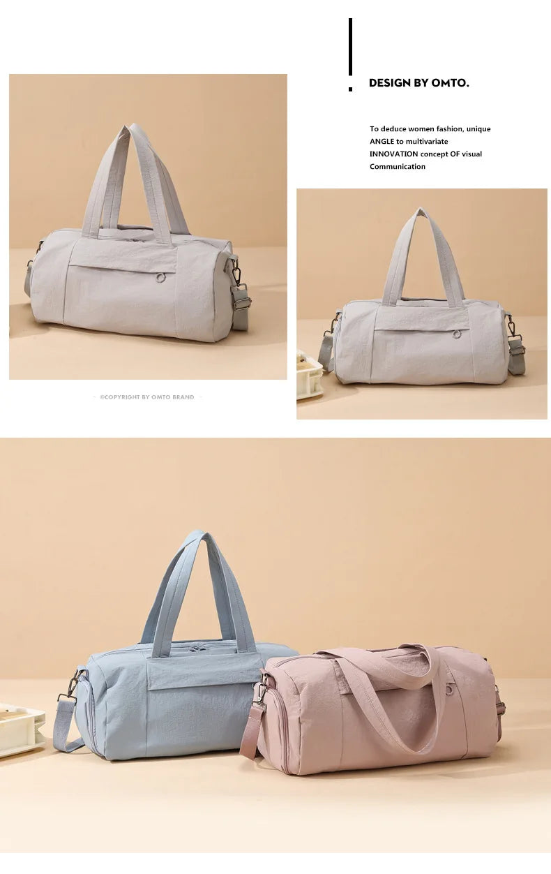 A light blue Oxford gym duffel bag with a multi-compartment design shown in various angles.