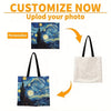 A customizable photo tote bag featuring a dark silhouette of a building against a starry night sky.