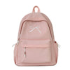 A light pink portable embroidered nylon backpack with a drawstring closure.