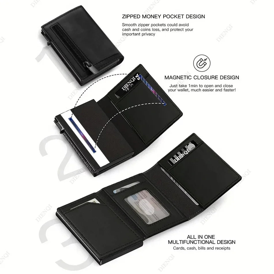 Black slim aluminum card holder wallet with zippered and magnetic closure designs