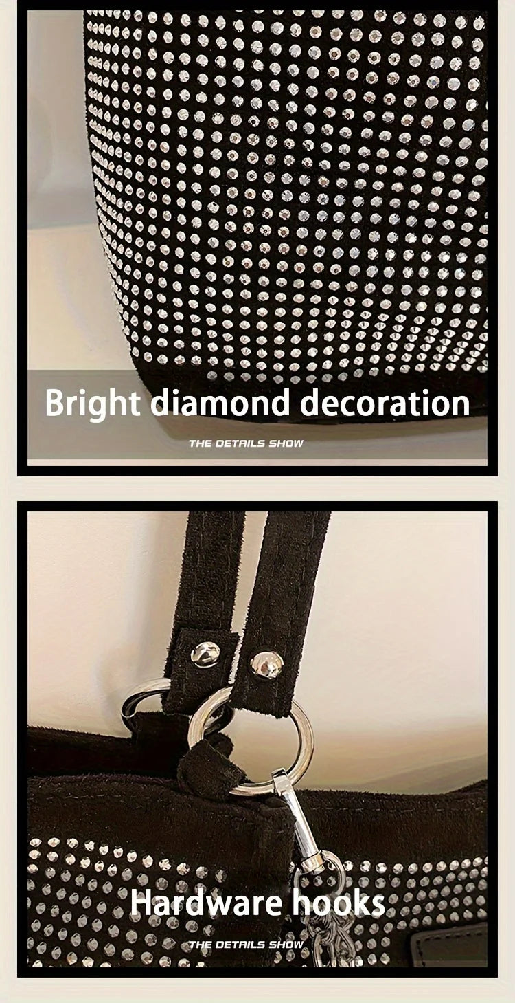 Nahaufnahme einer schwarzen Schultertasche mit leuchtendem Diamant-Dekor und Hardwarehaken.