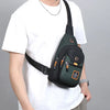A person wearing a white t-shirt is holding a dark green compact oxford crossbody sling bag.
