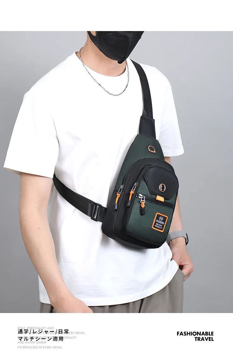 A person wearing a white t-shirt is holding a dark green compact oxford crossbody sling bag.