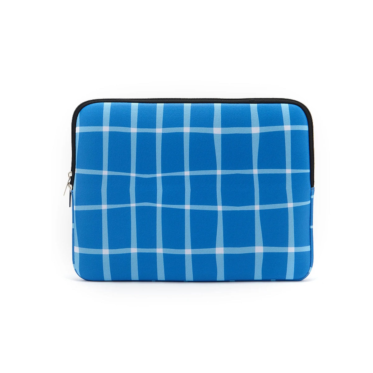 A blue and white plaid laptop sleeve with a black zipper.