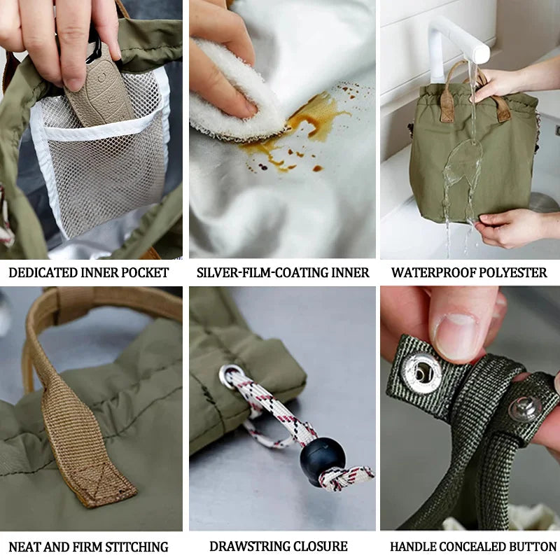Close-up shots showing the dedicated inner pocket, silver-film-coated inner lining, waterproof polyester material, neat stitc