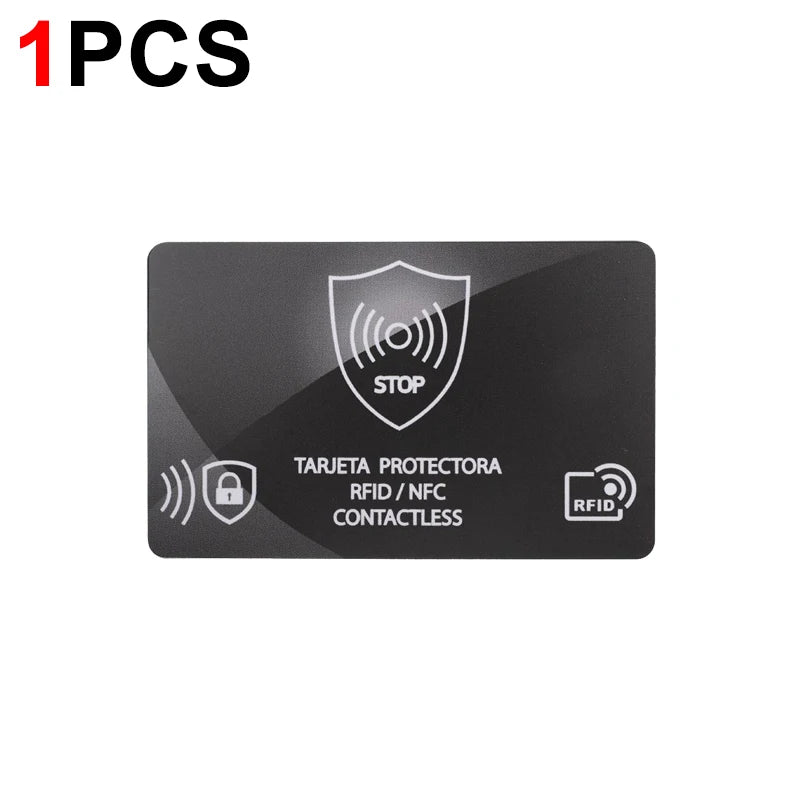 A black plastic card with a shield icon and text indicating RFID/NFC contactless protection.