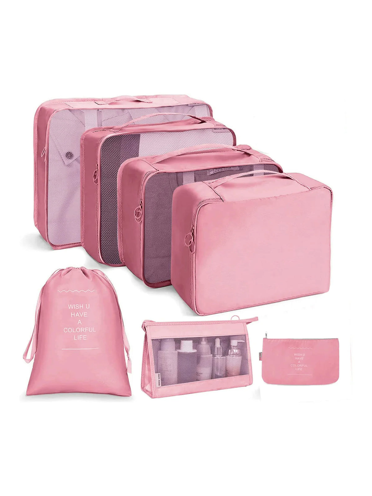 A set of pink fabric storage organizers and pouches for organizing various items.