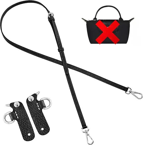 Black durable leather crossbody strap with a red cross design and attached leather tags