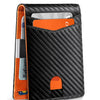 A black textured card wallet with an orange accent, featuring a slot for an ID card and a pen.