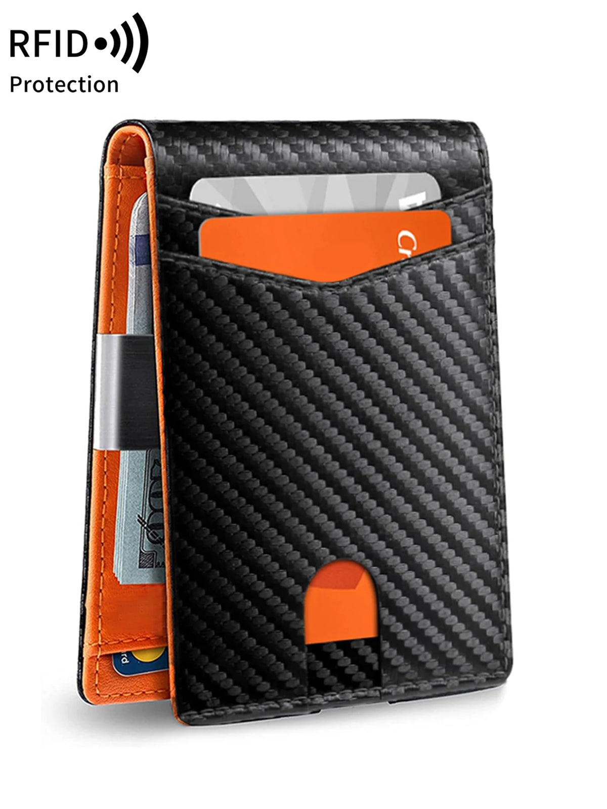 A black textured card wallet with an orange accent, featuring a slot for an ID card and a pen.