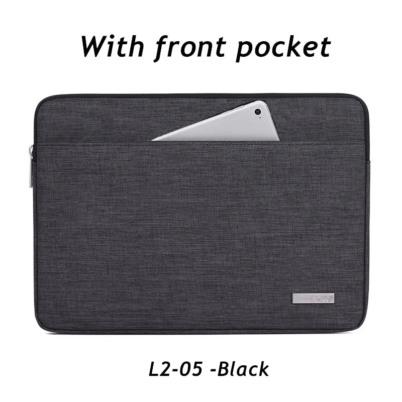 Black laptop sleeve with a front pocket and a silver laptop visible inside.