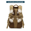 A tan tactical waterproof backpack with breathable mesh and padded shoulder straps.