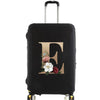 Black premium elastic luggage protective cover with gold lettering and a silver handle.